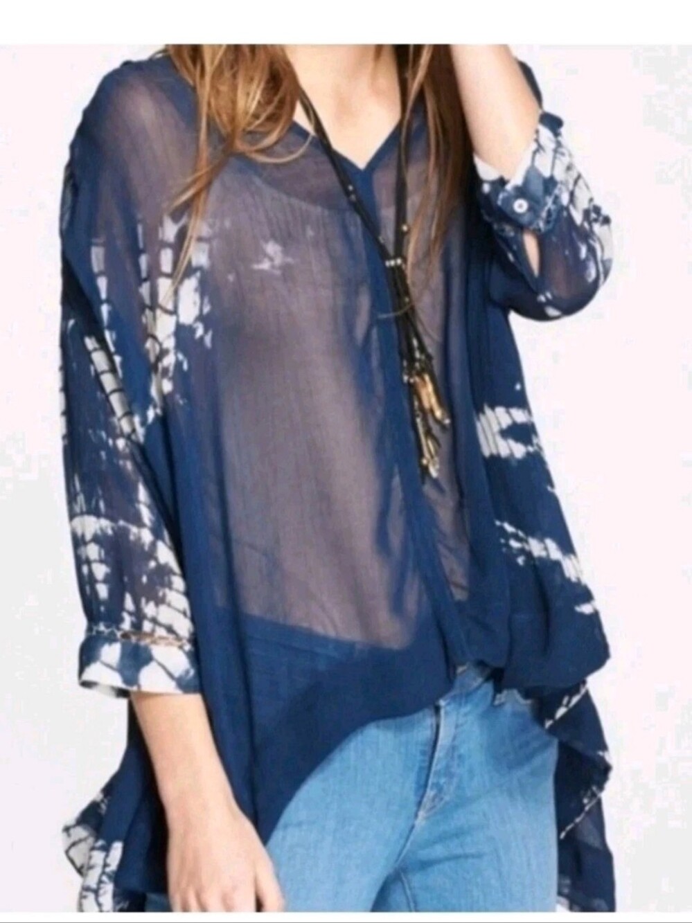Free People Tie Dye Me Down Top Navy White Sheer Oversized Boho Hippie Flowy M